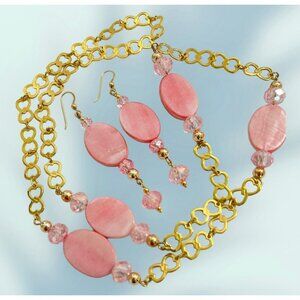 Pink Shell & Glass Bead Necklace Heart Link Chain 29" & Dangle Earrings 3" Set